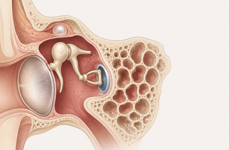 Anatomical illustration of middle ear cholesteatoma showing early cholesteatoma symptoms arising from a pearly mass in the attic