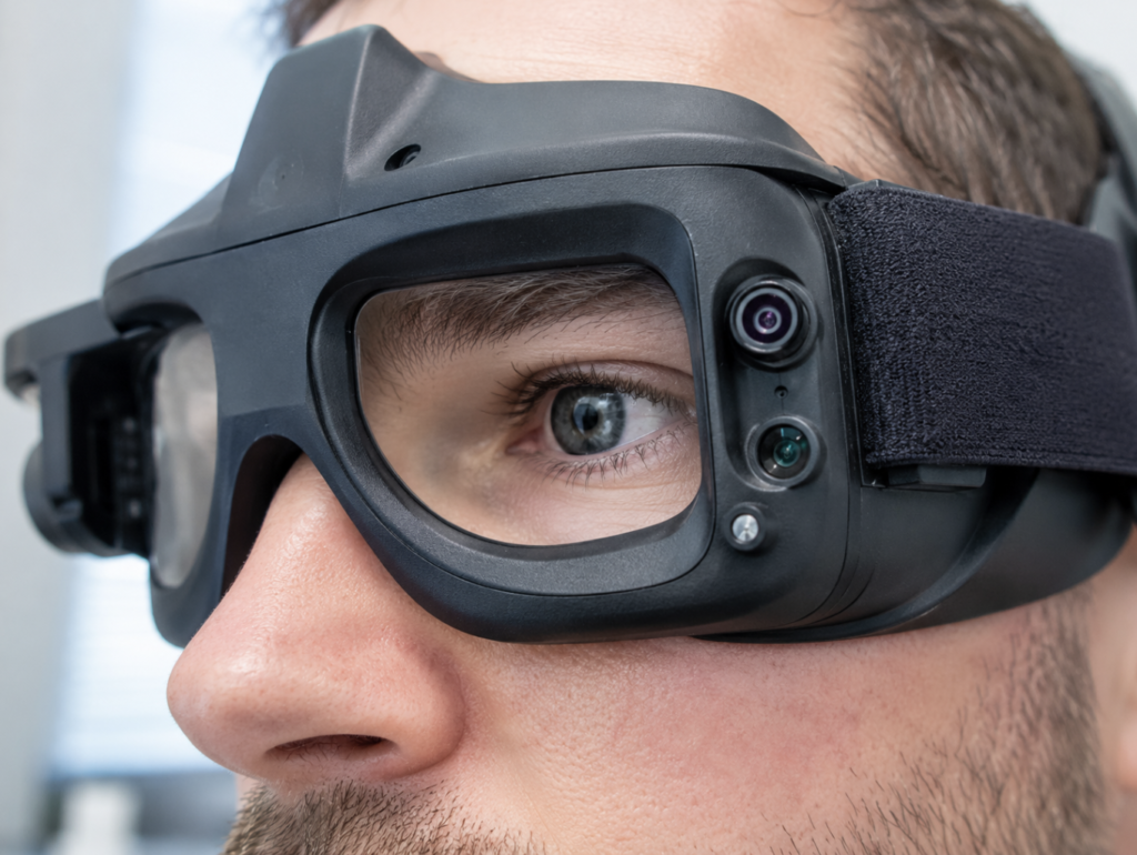Close-up clinical photograph of vHIT goggles on a patient's face, high-speed infrared camera and motion sensor visible on the frame, one eye sharply in focus with the pupil clearly defined, elastic head strap snug, neutral clinical background softly blurred, cool clinical lighting, photorealistic, macro detail, no text