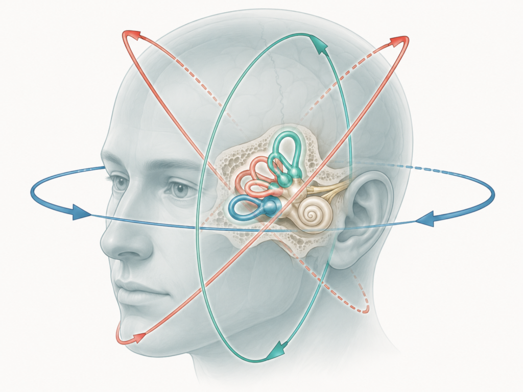 Diagram of the six semicircular canals and the three head rotation planes tested during a video head impulse test