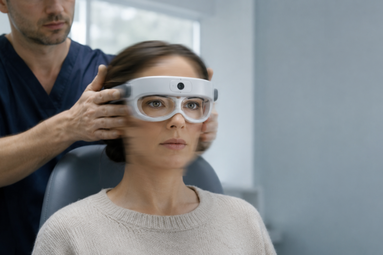 Patient undergoing a video head impulse test with vestibular goggles while a clinician delivers a rapid head rotation