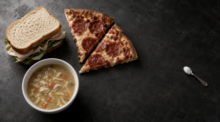 Deli sandwich, pizza slices, and canned soup beside one teaspoon of salt, illustrating the Ménière's disease low-sodium diet daily limit
