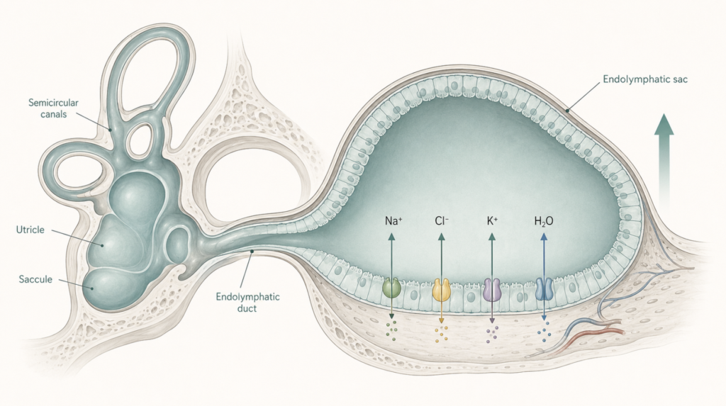 Illustration of the endolymphatic sac and ion transport, the proposed mechanism by which a Ménière's disease low-sodium diet may raise aldosterone