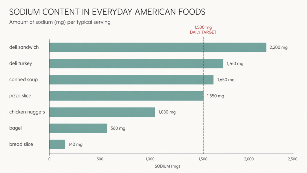 Bar chart of sodium in common American foods against the 1,500 mg Ménière's disease low-sodium diet target