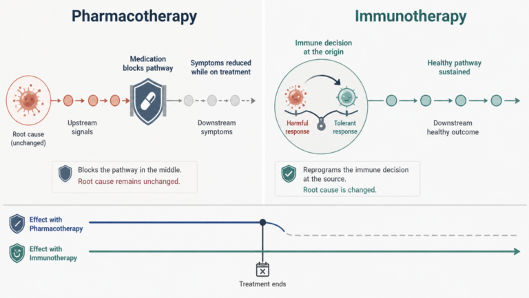 Conceptual illustration contrasting symptomatic pharmacotherapy, which suppresses the allergic response while taken, with allergen immunotherapy, which alters the underlying immune response and persists after treatment ends.
