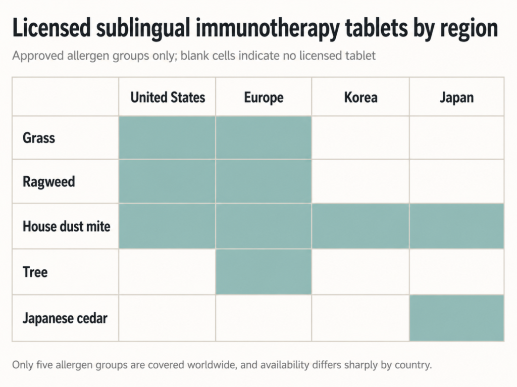 Matrix of licensed sublingual immunotherapy tablets across the United States, Europe, Korea, and Japan, showing that only five allergen groups are covered worldwide and that availability differs sharply by country.