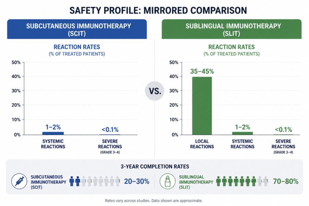Comparison of adverse event profiles and three-year completion rates for subcutaneous and sublingual immunotherapy, showing that the safer route is completed less often.