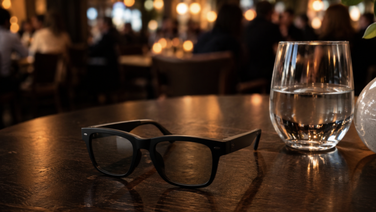 Smart glasses as hearing aids — a pair of smart glasses on a restaurant table with a noisy dining room blurred behind