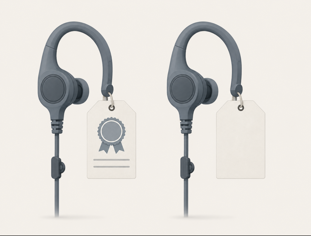 Two identical hearing devices, one carrying a regulatory clearance label and one without, illustrating how intended use defines a medical device