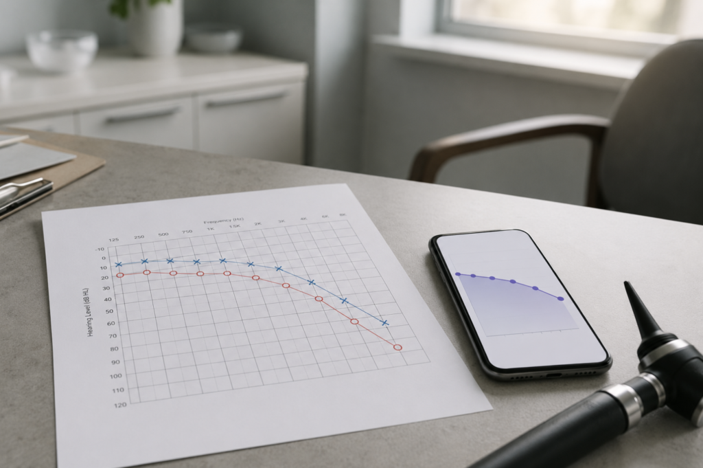An audiogram printout beside a smartphone hearing profile on a clinician's desk, showing self-screening results brought to a consultation