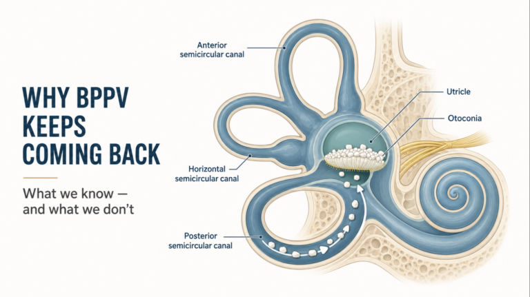 Inner ear diagram explaining why BPPV keeps coming back, showing otoconia crystals detaching from the utricle into the posterior semicircular canal