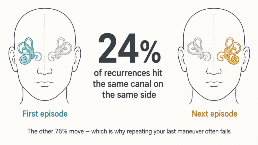 Illustration showing only 24 percent of BPPV recurrences affect the same semicircular canal and same ear as the previous episode