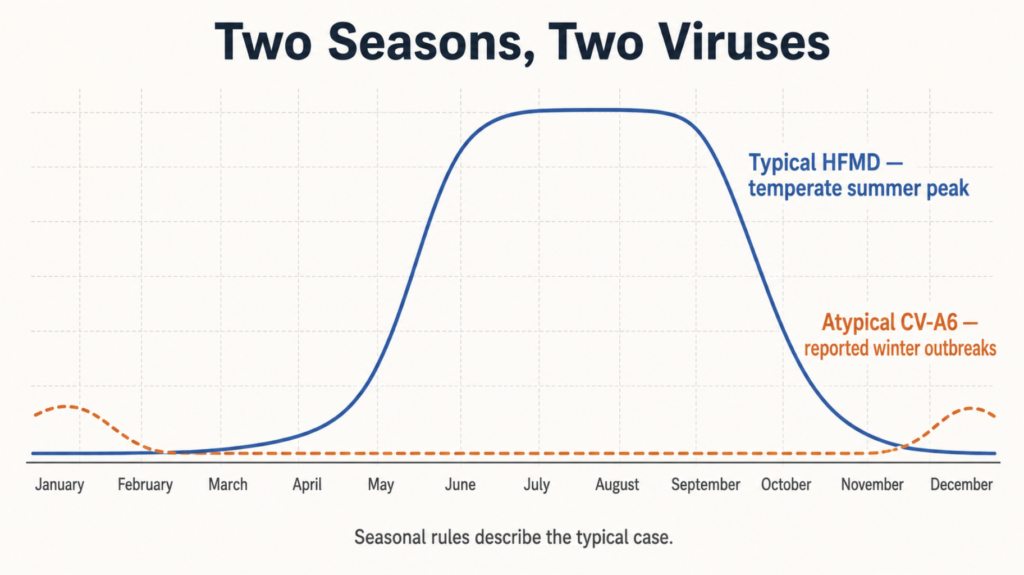 Chart showing typical hand foot and mouth disease peaking in summer while atypical coxsackievirus A6 outbreaks are reported in winter