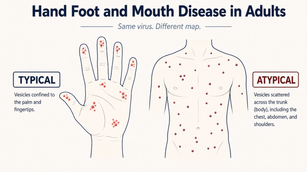 Infographic comparing typical and atypical hand foot and mouth disease in adults, showing palm-limited rash versus rash on the back of the hand