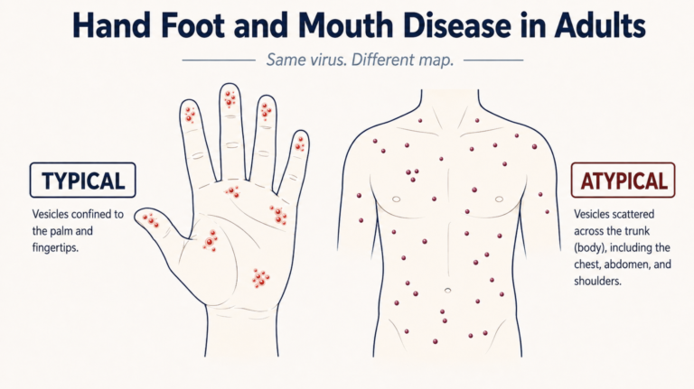 Infographic comparing typical and atypical hand foot and mouth disease in adults, showing palm-limited rash versus rash on the back of the hand