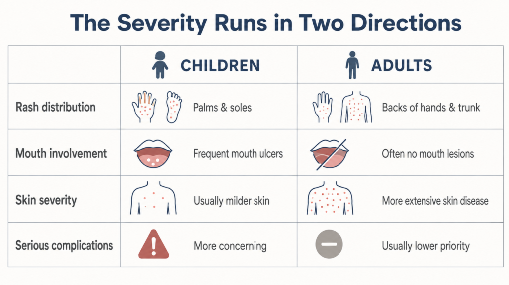 Comparison table of hand foot and mouth disease in adults versus children covering rash distribution, mouth involvement, skin severity and serious complications
