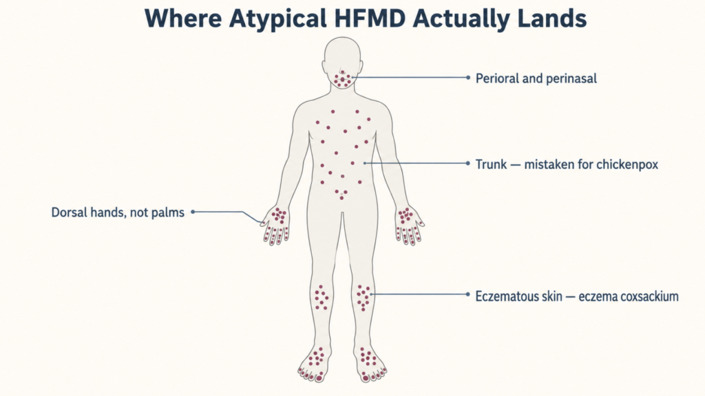 Body diagram showing where atypical hand foot and mouth disease lesions appear, including backs of hands, trunk and perioral skin