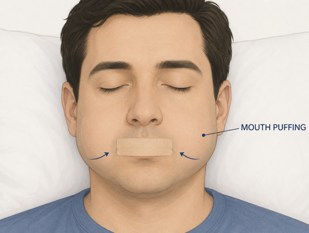 Illustration of the mouth puffing phenomenon, where air escapes around mouth tape and the cheeks round outward