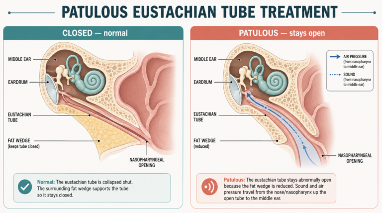 Diagram introducing patulous eustachian tube treatment by comparing a normally closed eustachian tube with one that stays open