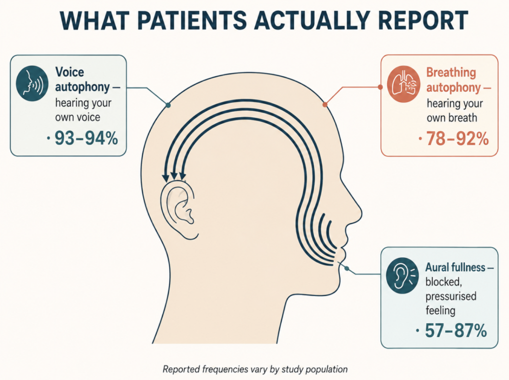 Infographic showing the three main symptoms of patulous eustachian tube — voice autophony, breathing autophony and aural fullness — with reported frequencies
