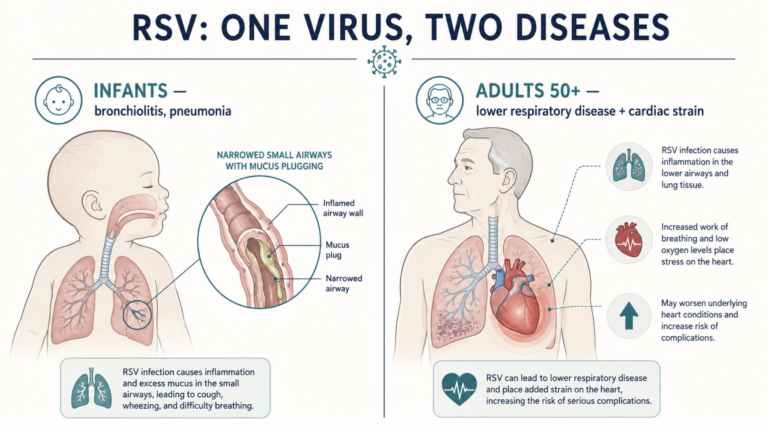 RSV vaccine effectiveness explained: how RSV causes bronchiolitis in infants and lower respiratory plus cardiac disease in adults over 50