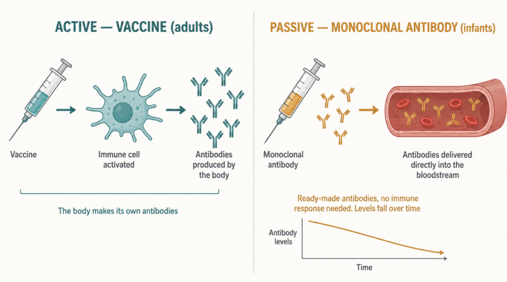 Diagram comparing active vaccination in adults with passive monoclonal antibody protection in infants