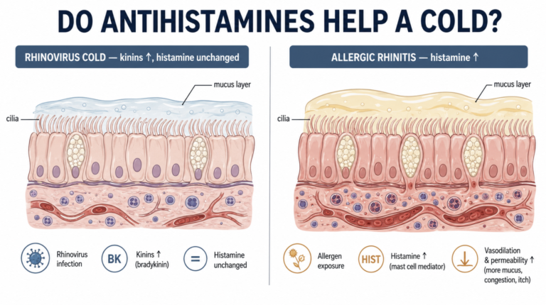Infographic asking do antihistamines help a cold, comparing kinin-driven viral rhinitis with histamine-driven allergic rhinitis
