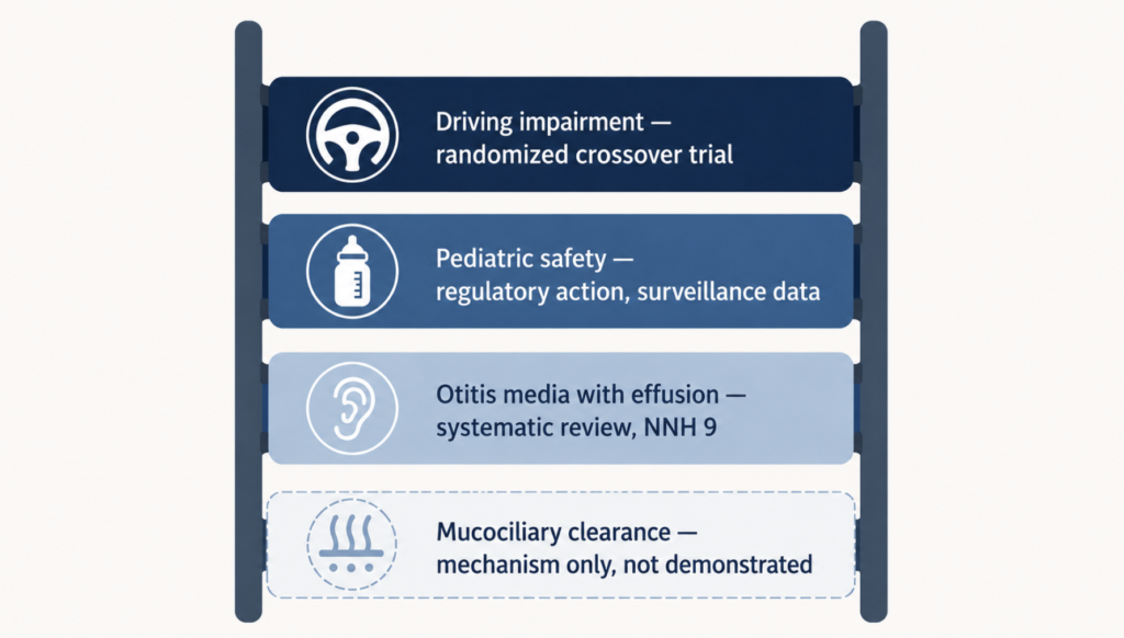 Ladder ranking four harm arguments for antihistamines in a cold by strength of evidence