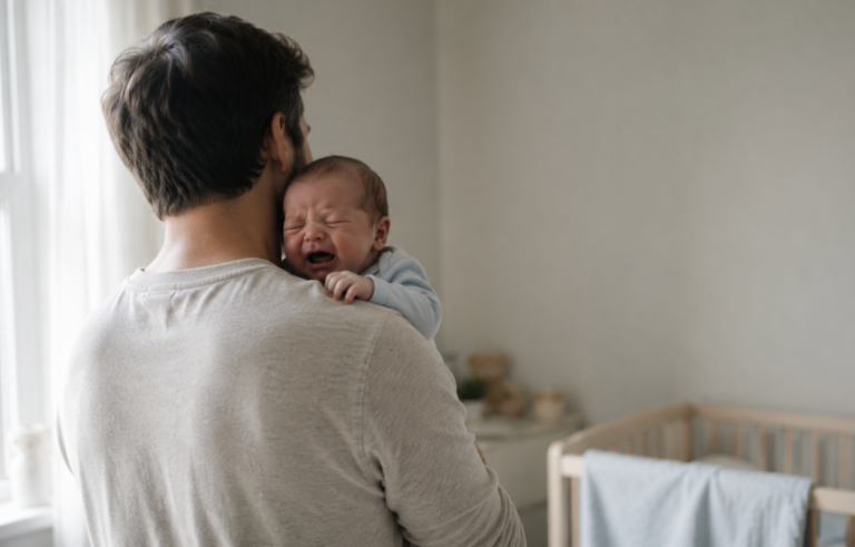 Parent comforting a baby with a hoarse voice from crying, held against the shoulder in morning ligh