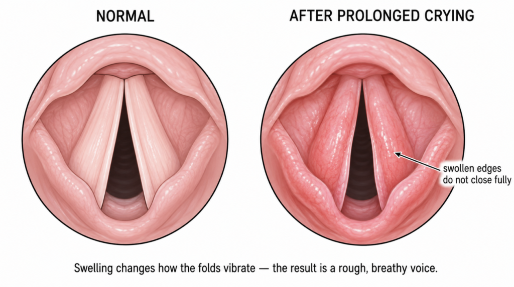 Illustration comparing normal infant vocal folds with swollen folds causing a baby hoarse voice from crying