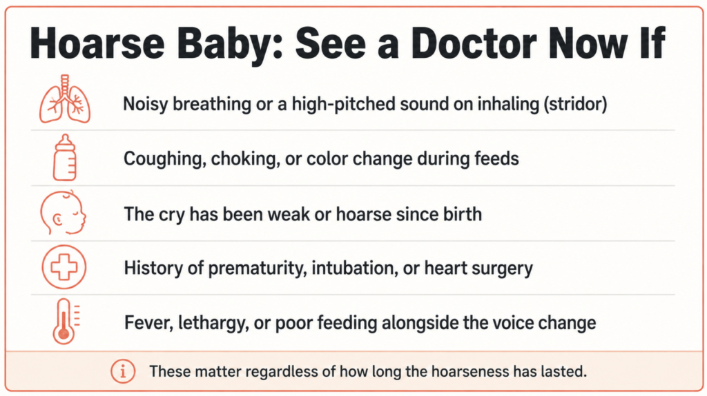 Checklist of red flag signs that mean a baby hoarse voice from crying needs medical evaluation