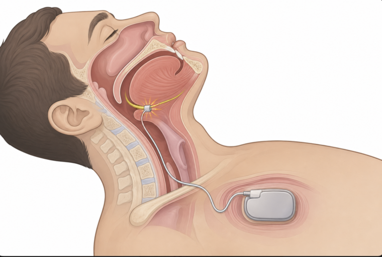 A stylized cross-section of the upper airway showing the tongue, hypoglossal nerve, and an implanted stimulation device, illustrating how the therapy keeps the airway open during sleep.