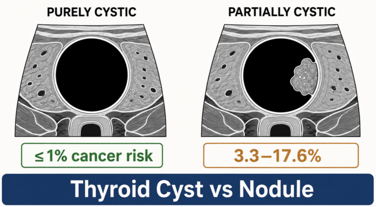 Thyroid cyst vs nodule comparison showing purely cystic and partially cystic ultrasound patterns with malignancy risk