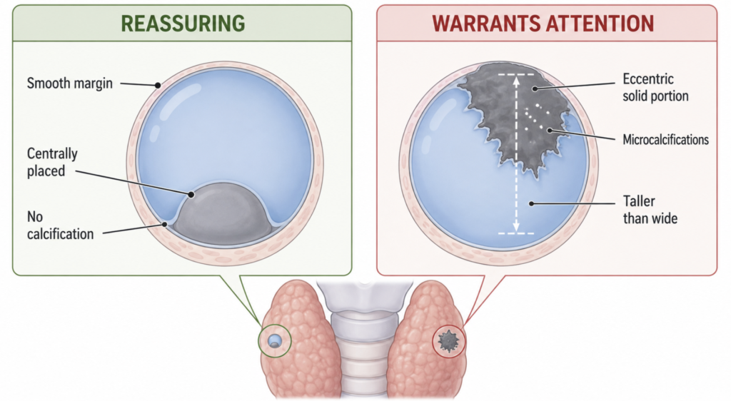 Diagram of reassuring versus suspicious features in a partially cystic thyroid nodule
