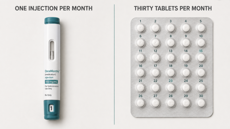 A monthly injection for hot flashes compared with a 30-day pack of daily oral tablets