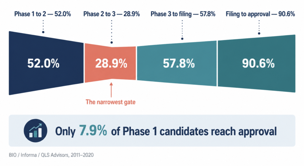 Funnel chart of clinical trial phase transition success rates, showing Phase 2 as the narrowest gate