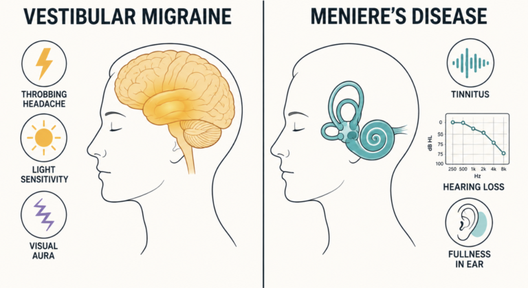 Infographic comparing vestibular migraine vs Meniere's disease symptoms side by side
