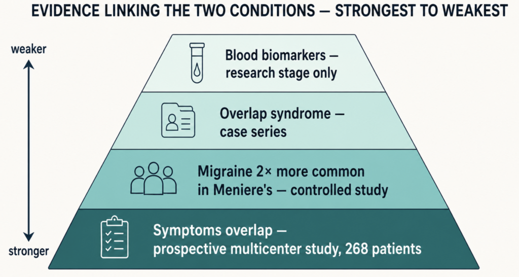 Layered pyramid ranking the evidence linking vestibular migraine and Meniere's disease