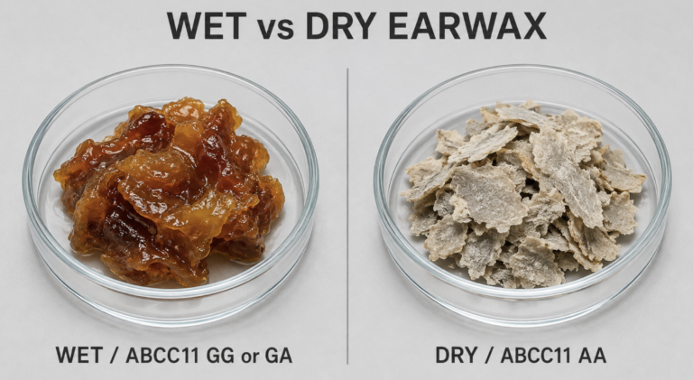 Wet vs dry earwax comparison showing sticky amber cerumen beside pale dry flakes with ABCC11 genotypes