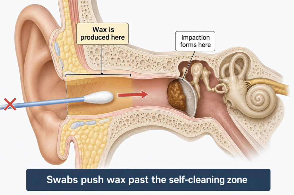 Ear canal cross-section showing where cerumen is produced and how a cotton swab pushes wax into impaction