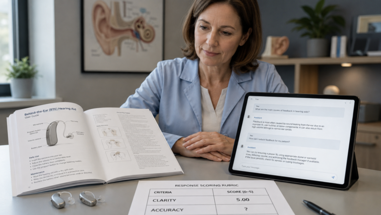 An audiologist grading AI hearing aid advice on a tablet against an open manufacturer manual, with a scoring sheet showing a perfect clarity score and an unanswered accuracy score