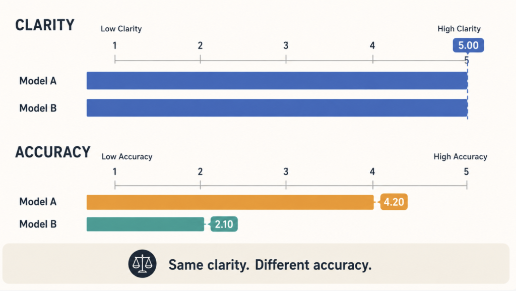 Chart contrasting two AI models scoring identically on clarity but differently on medical accuracy for hearing aid questions
