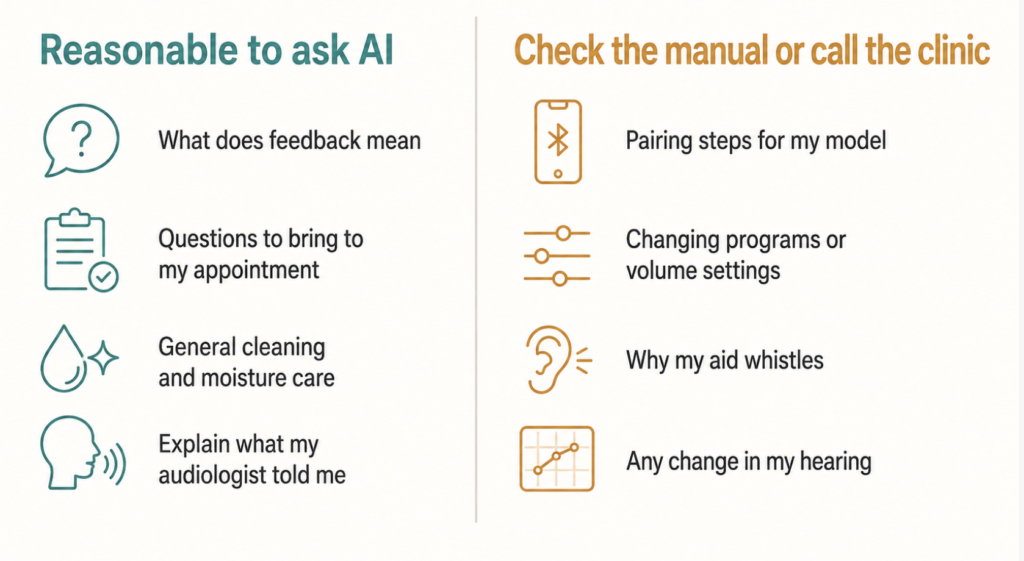 Two-column guide separating hearing aid questions suited to an AI chatbot from those that need the manual or a