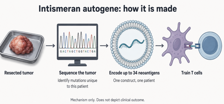 Four-stage diagram showing how intismeran autogene is manufactured from a patient's resected tumor: sequencing the tumor, encoding up to 34 patient-specific neoantigens into a single mRNA construct, and activating T cells. The sequence deliberately stops at T-cell activation rather than depicting a treatment outcome.