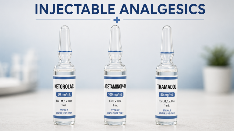 Injectable analgesics compared — labeled ketorolac, acetaminophen and tramadol ampoules side by side