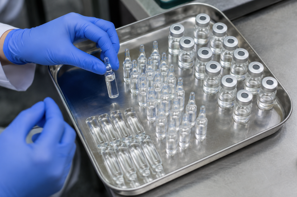 Glass ampoules of injectable analgesics arranged on a stainless steel clinical tray