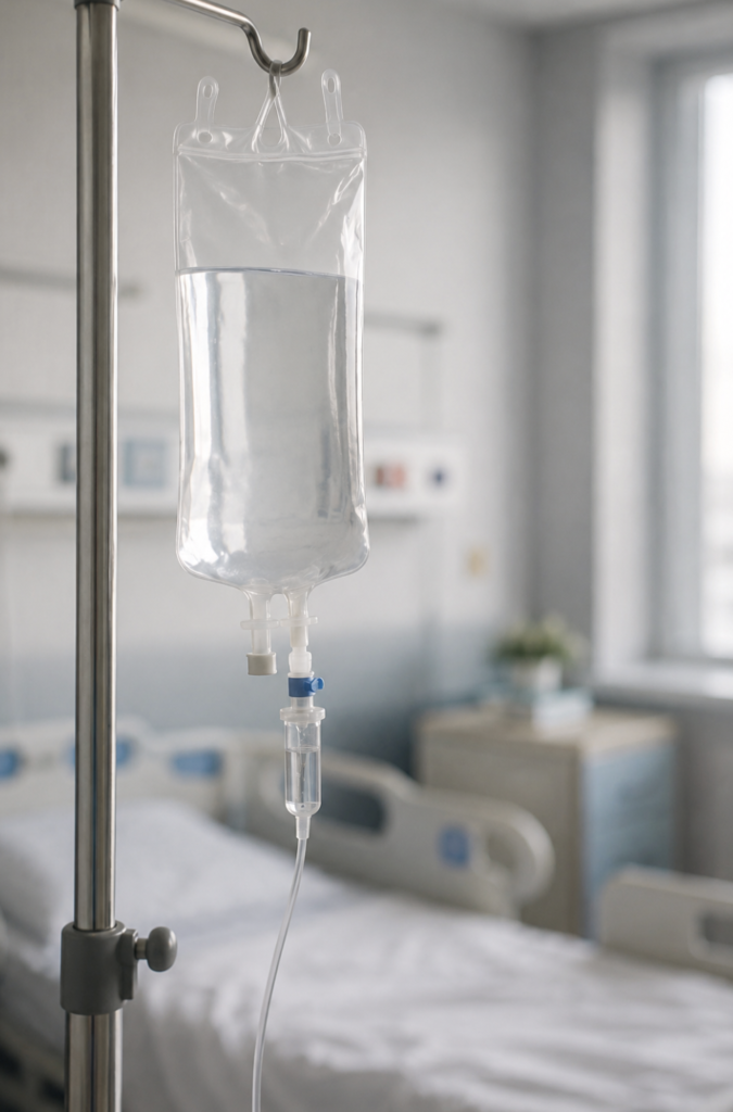 Intravenous infusion bag and line in a hospital ward