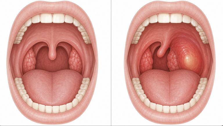 Sore throat on one side caused by a peritonsillar abscess, shown beside a normal symmetric throat