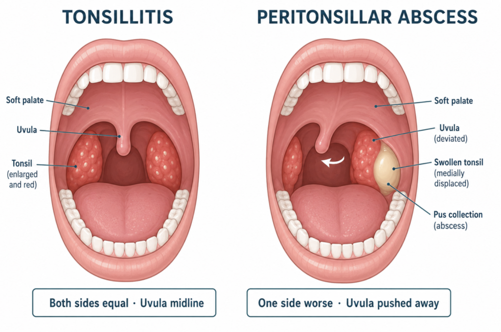 Peritonsillar abscess versus tonsillitis anatomical comparison showing uvula deviation and one-sided tonsil swelling