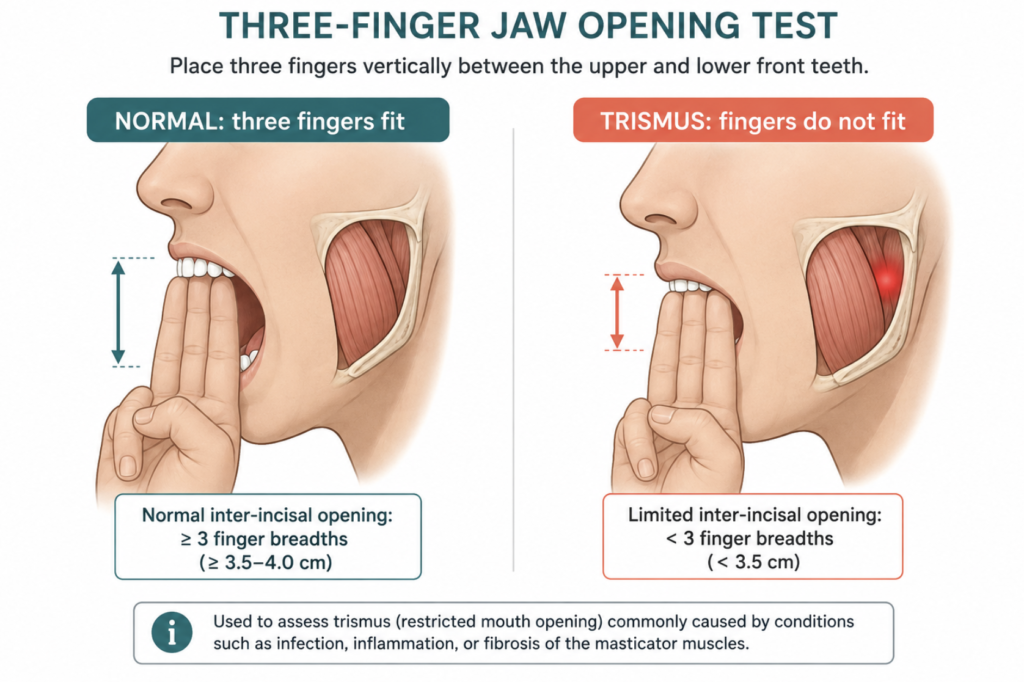 Three-finger test for trismus showing restricted jaw opening in peritonsillar abscess