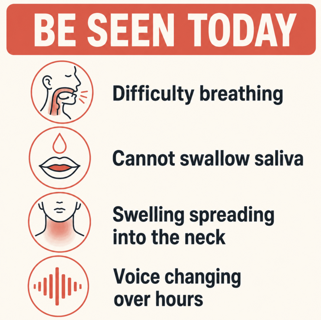 Peritonsillar abscess emergency warning signs requiring same-day medical evaluation